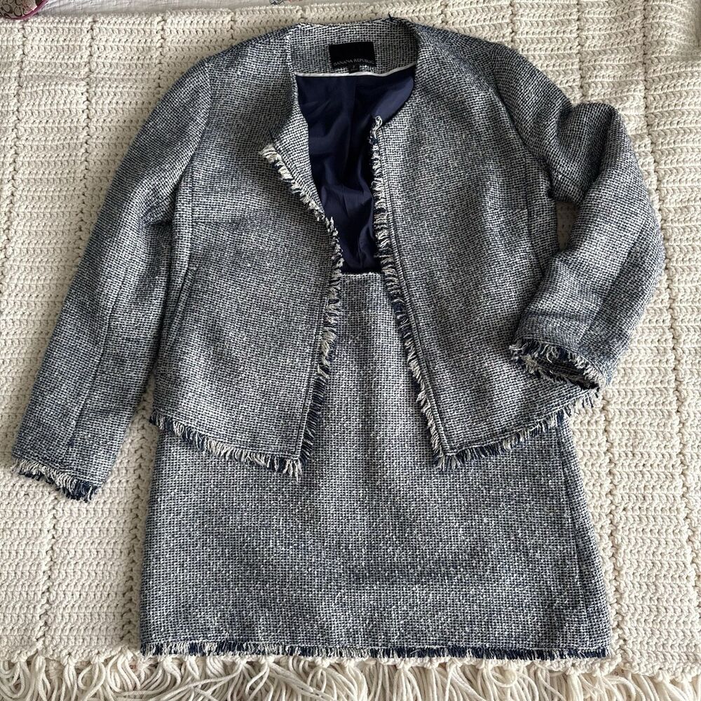 Banana Republic Set Fringe Trim Tweed Jacket (2) & Skirt (0) Navy Cream Classic